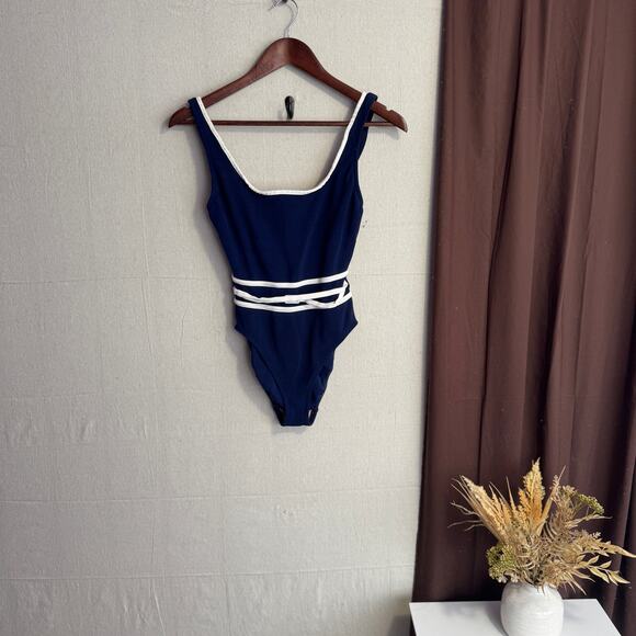 Vintage Anne Klein for Sirena Swimsuit Size 10 Navy Blue One Piece Retro Style - Picture 1 of 11